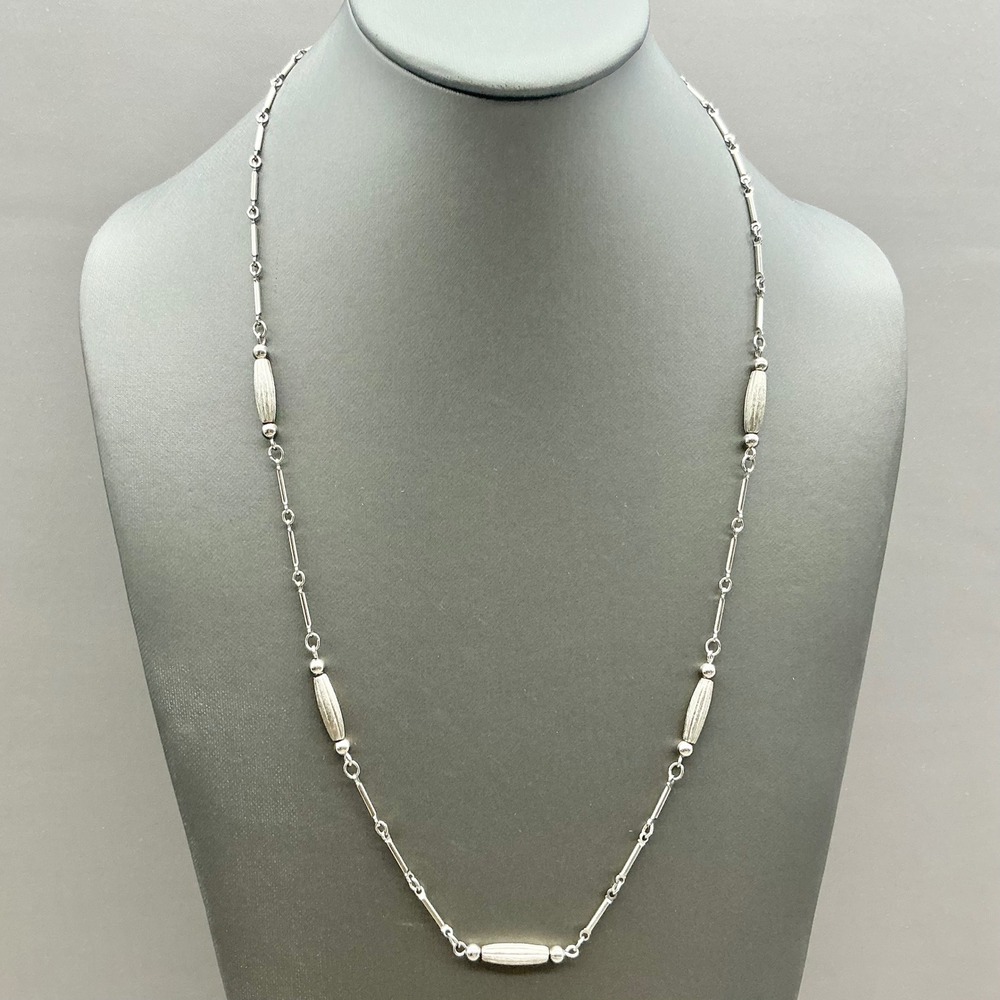 Bar and Bead Station Necklace Women Silver Tone Textured Rice Bead Link Jewelry